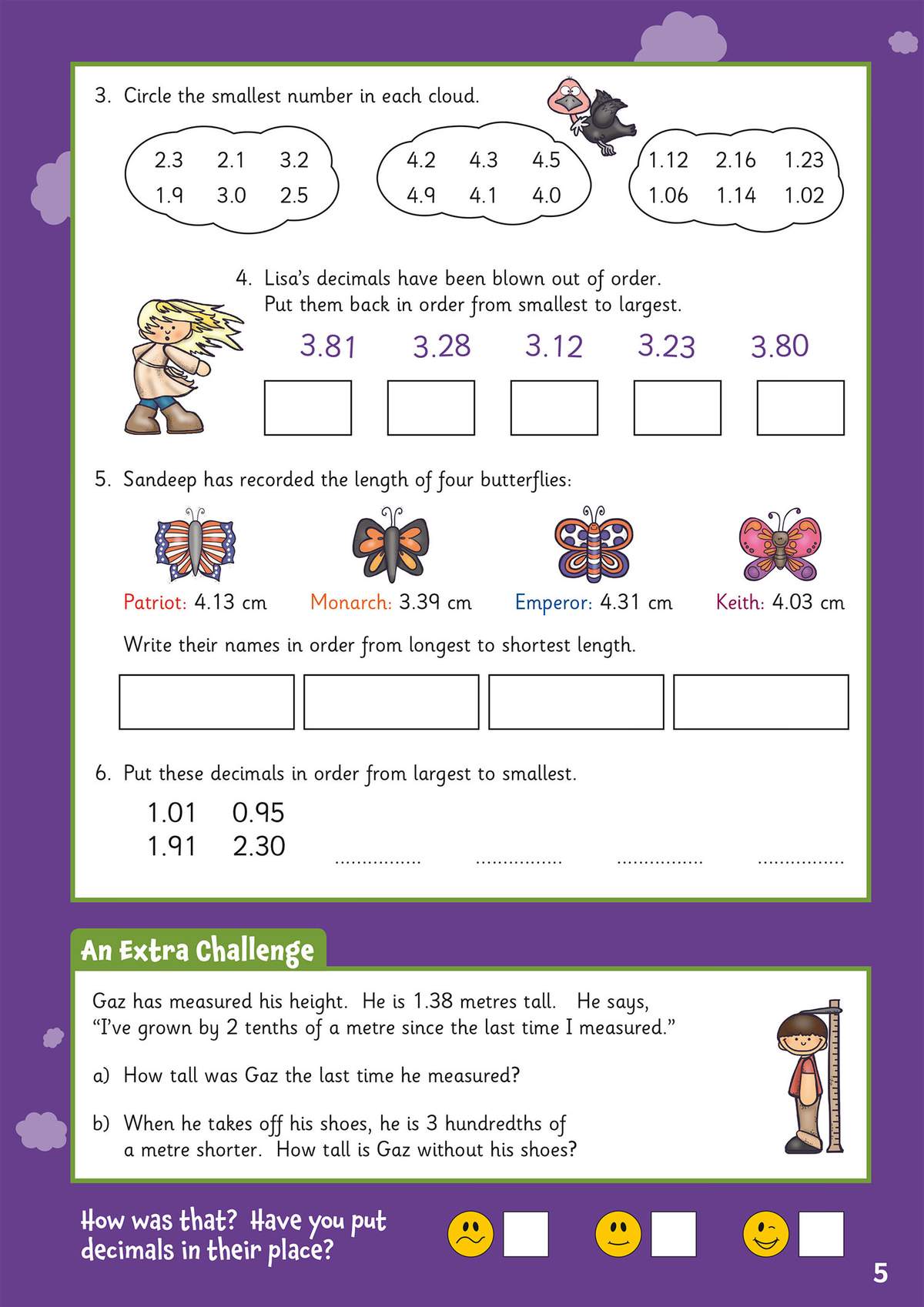 Children circle smallest numbers, order decimals, and compare butterfly lengths, then solve a word problem about height