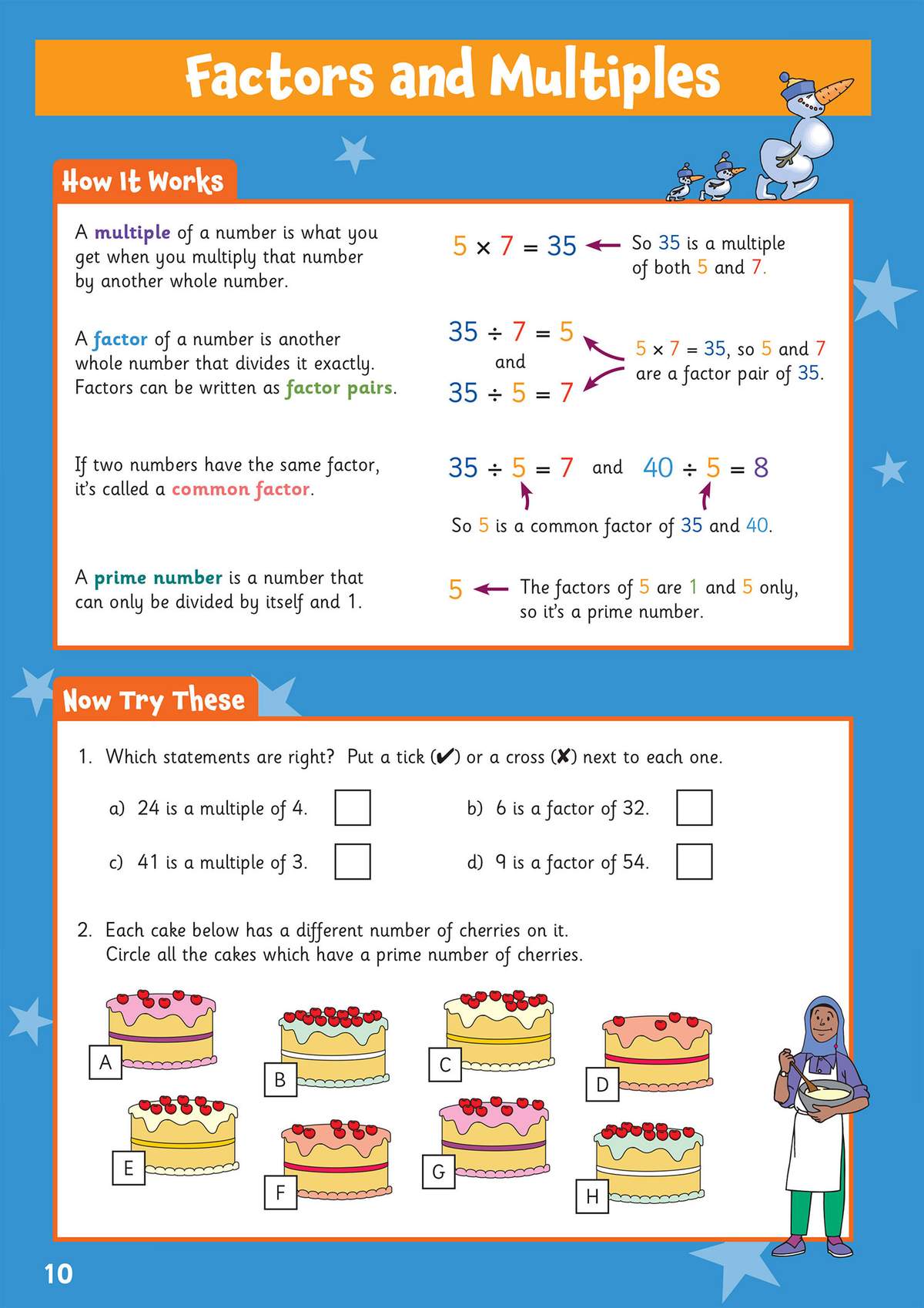 A page teaching factors and multiples, then asking children to tick true statements and circle cakes with a prime number