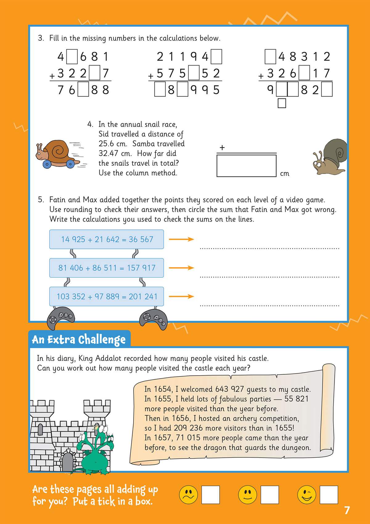 Children fill in missing digits in sums, add decimals, check answers by rounding