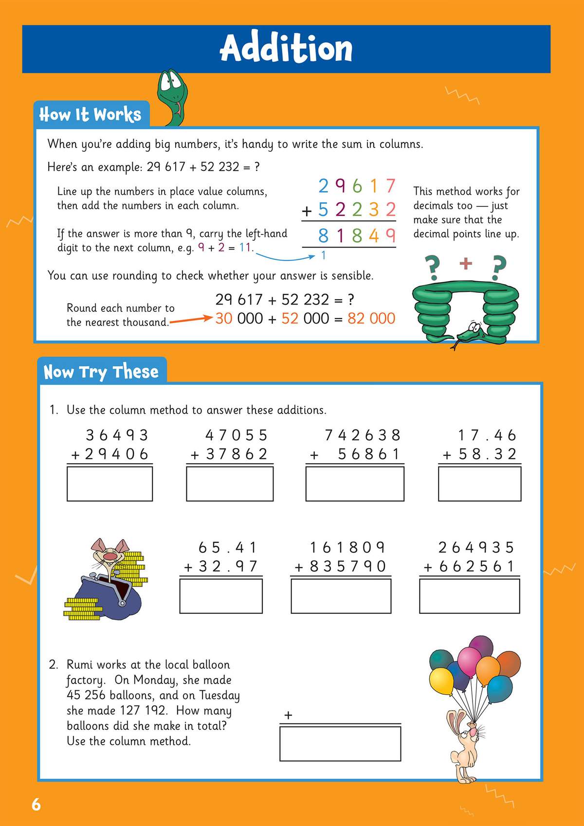 Children practise column addition with large numbers and decimals, plus a word problem about balloons