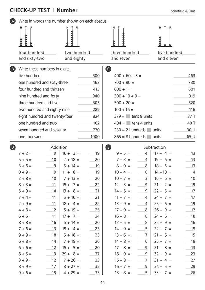 A check-up test with abacus reading, digit writing, and 40+ addition and subtraction sums for Year 3 to 6