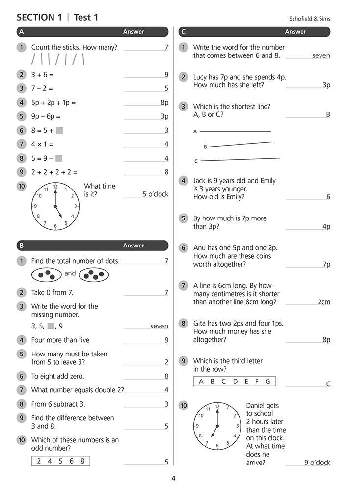 A test page with 20 questions on addition, subtraction, multiplication, division, and reading clocks