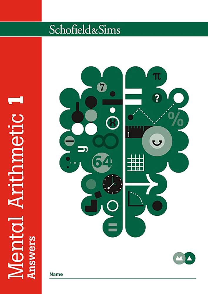 The front cover of the answer book for Mental Arithmetic 1, featuring a brain graphic filled with maths symbols