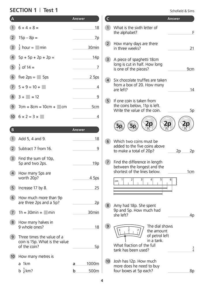 A test page with 20 questions covering addition, subtraction, fractions, and money, with answers printed on the right