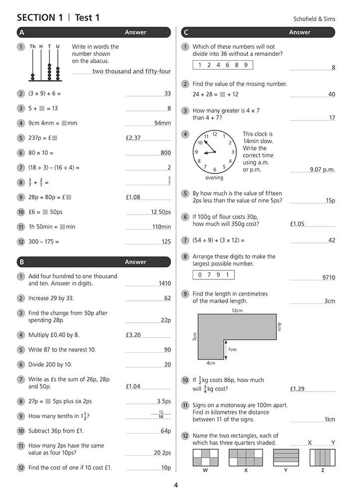 A test page with 12 questions covering arithmetic, money, time and geometry, with answers printed on the right