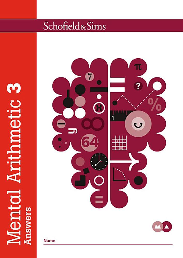 The front cover of the Mental Arithmetic Answers book 3, with a brain graphic filled with maths symbols