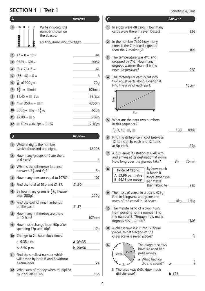A test page with 12 questions in each of three sections, including calculations, word problems, and a diagram to label