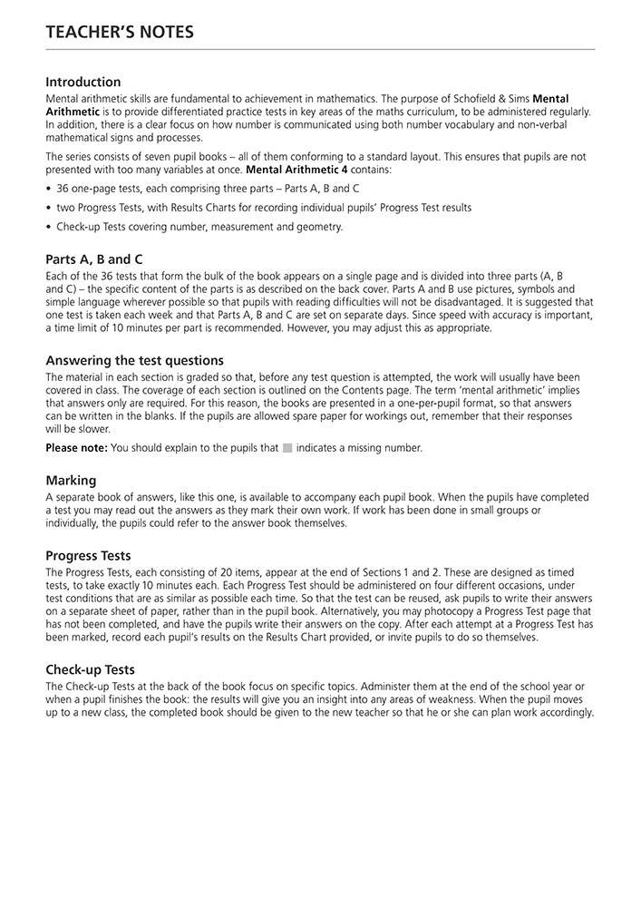 Teacher notes explaining how to administer, mark and record progress for mental arithmetic tests