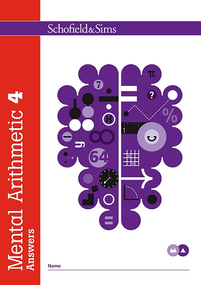 The front cover of the Mental Arithmetic 4 answer book, featuring a purple brain graphic filled with maths symbols