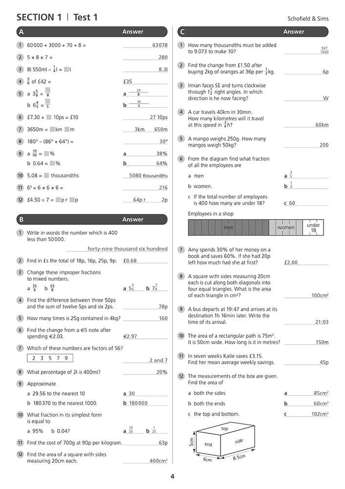 A mixed maths test with 16 questions covering arithmetic, fractions, percentages and geometry