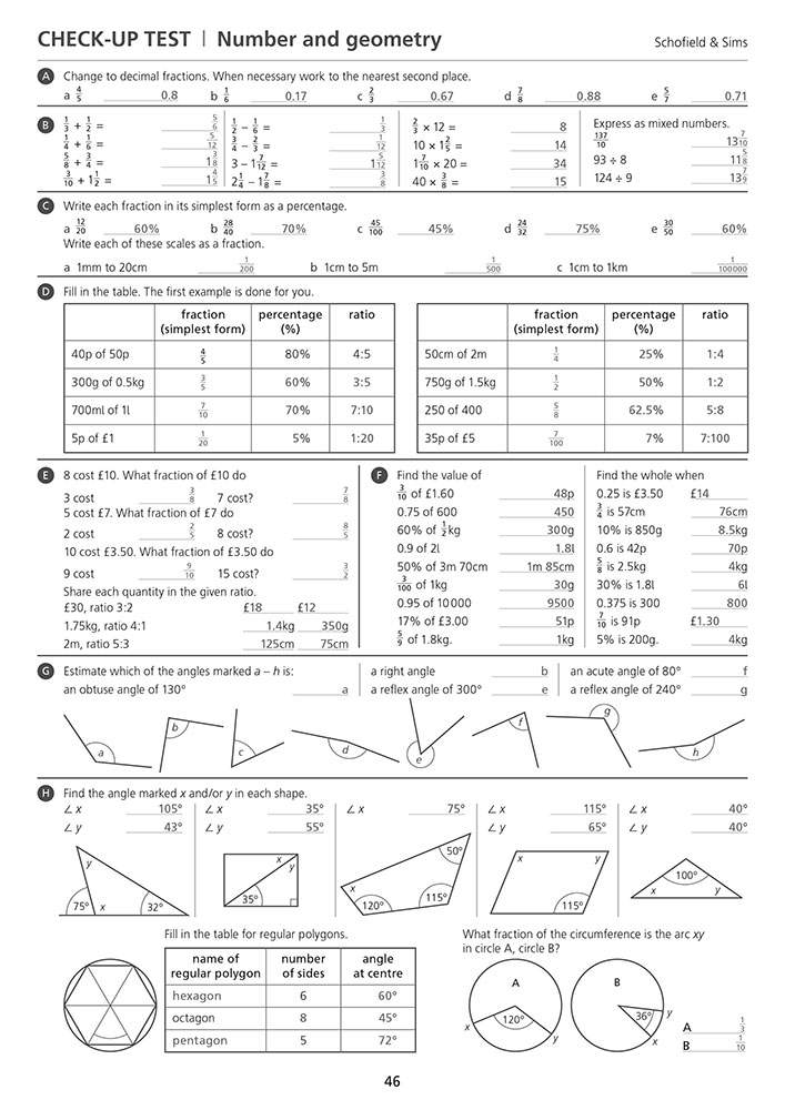 A check-up test with 16+ questions on fractions, percentages, ratios and angles, including diagrams to label