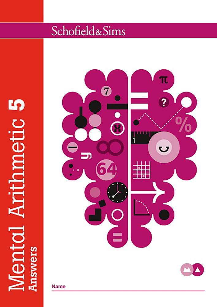 The front cover of the Mental Arithmetic Answers book for ages 7-11, featuring a brain graphic filled with maths symbols