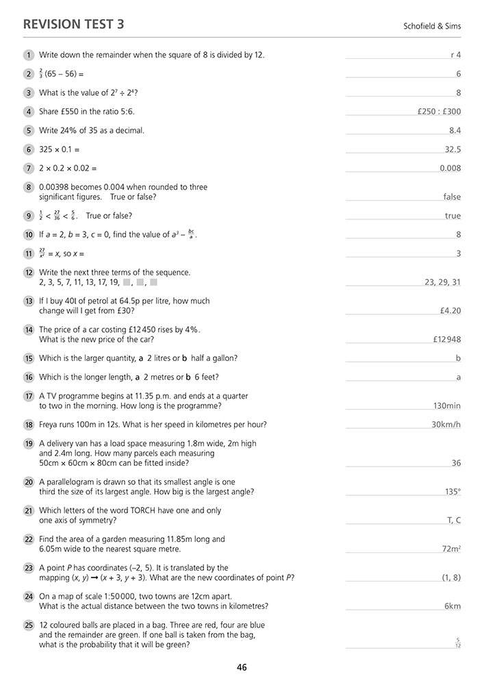 A full revision test with 25 questions covering arithmetic, geometry and algebra, with answers printed on the right