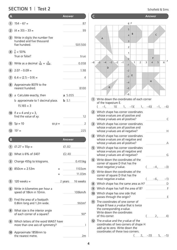 A mixed maths test with calculations, conversions, and a coordinate geometry grid for pupils to solve