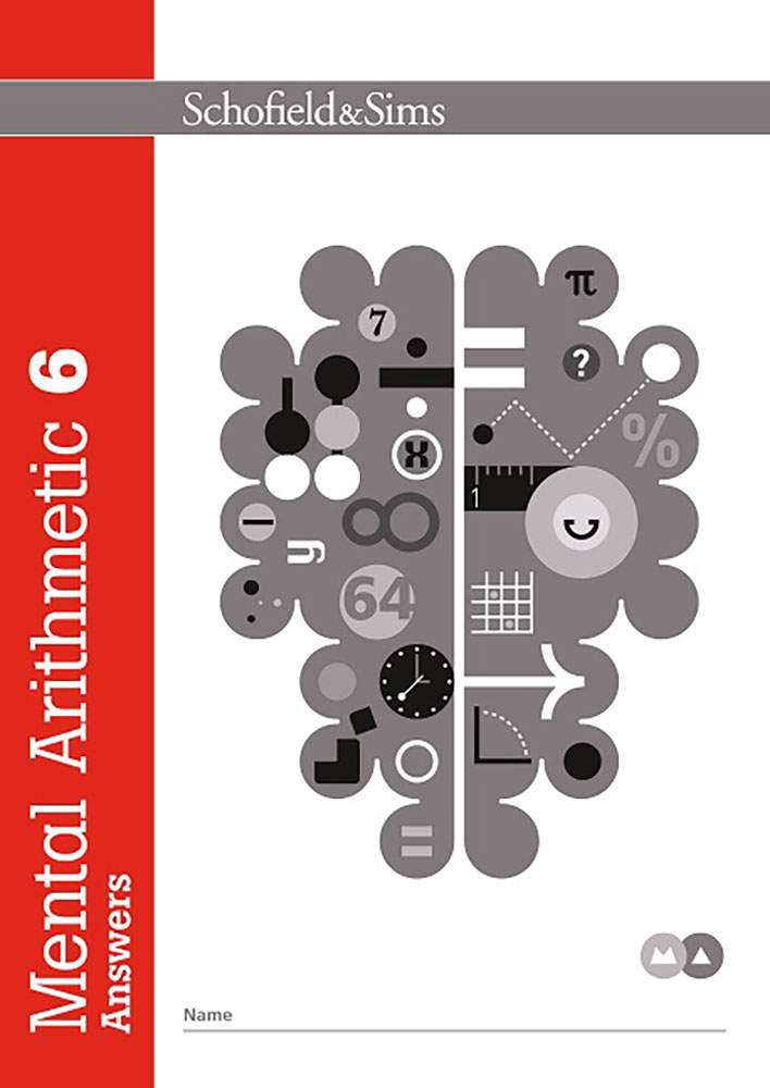 The front cover of the Mental Arithmetic 6 Answers book, featuring a brain graphic filled with maths symbols