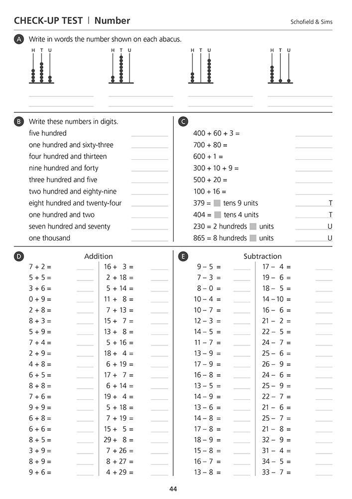 A check-up test with abacus reading, number writing, and mixed addition and subtraction questions