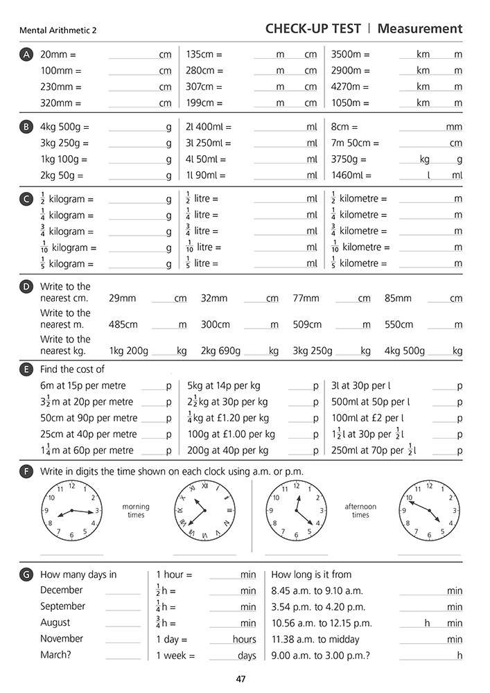 A check-up test on measurement with 16 questions on converting units, calculating costs, and reading clocks