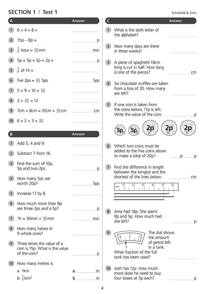 A test page with 20 mixed maths questions covering addition, subtraction, fractions, money and measurement