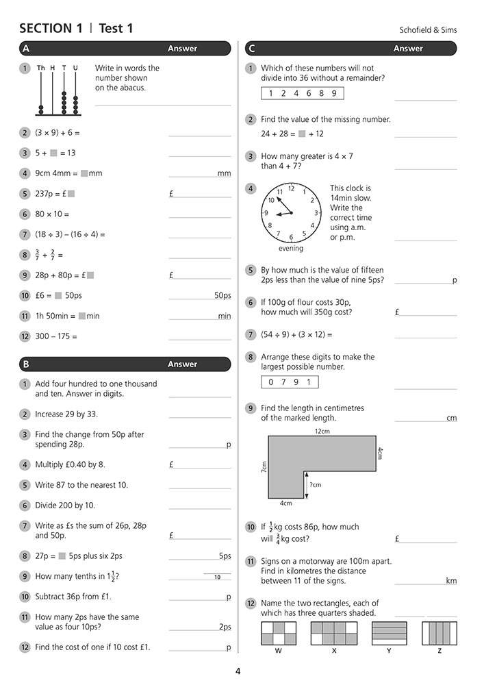 A test page with 12 questions covering arithmetic, fractions, money, and geometry, requiring written answers