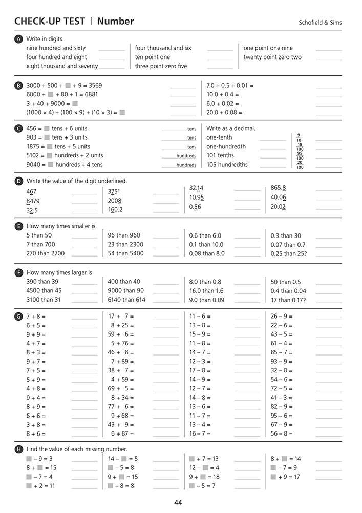 A check-up test with 30+ questions on number operations, place value and fractions for children to complete