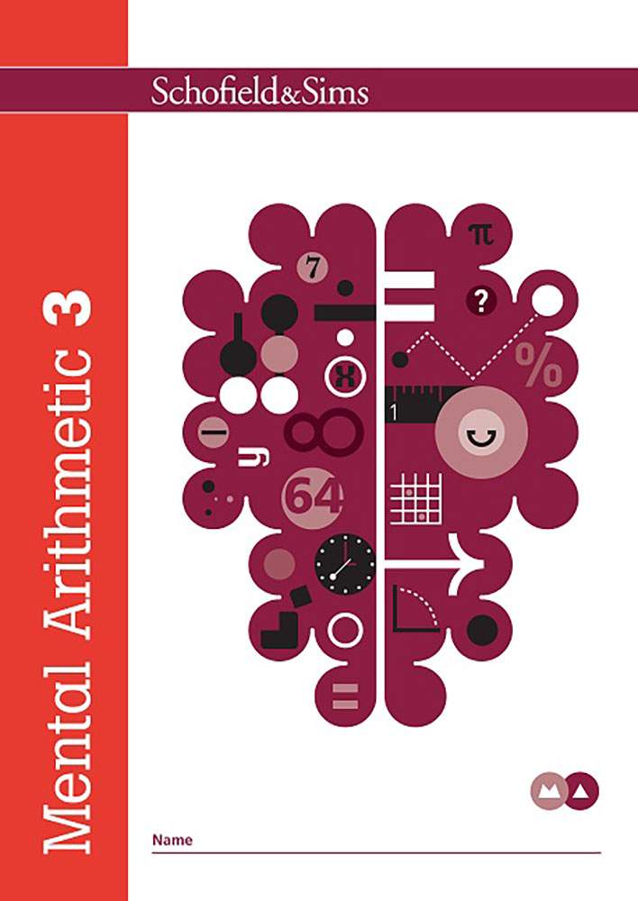 The front cover of Mental Arithmetic Book 3, featuring a brain graphic filled with maths symbols