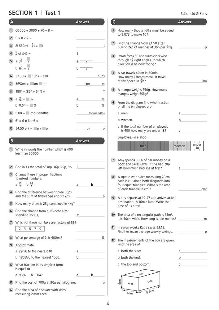 A mixed maths test covering calculations, conversions, percentages and geometry, with space to write answers