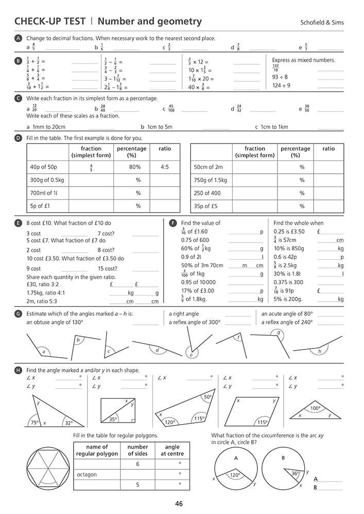 A check-up test covering fractions, percentages, ratios, angles and polygons, with space to write answers