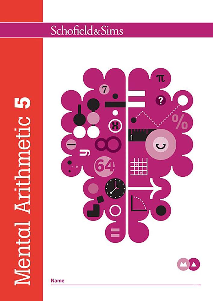 The front cover of Mental Arithmetic Book 5, featuring a brain graphic filled with maths symbols