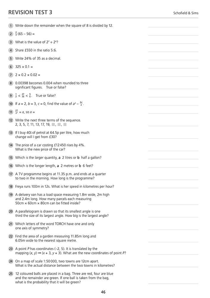 A full revision test with 25 mixed maths questions covering arithmetic, algebra, geometry and probability