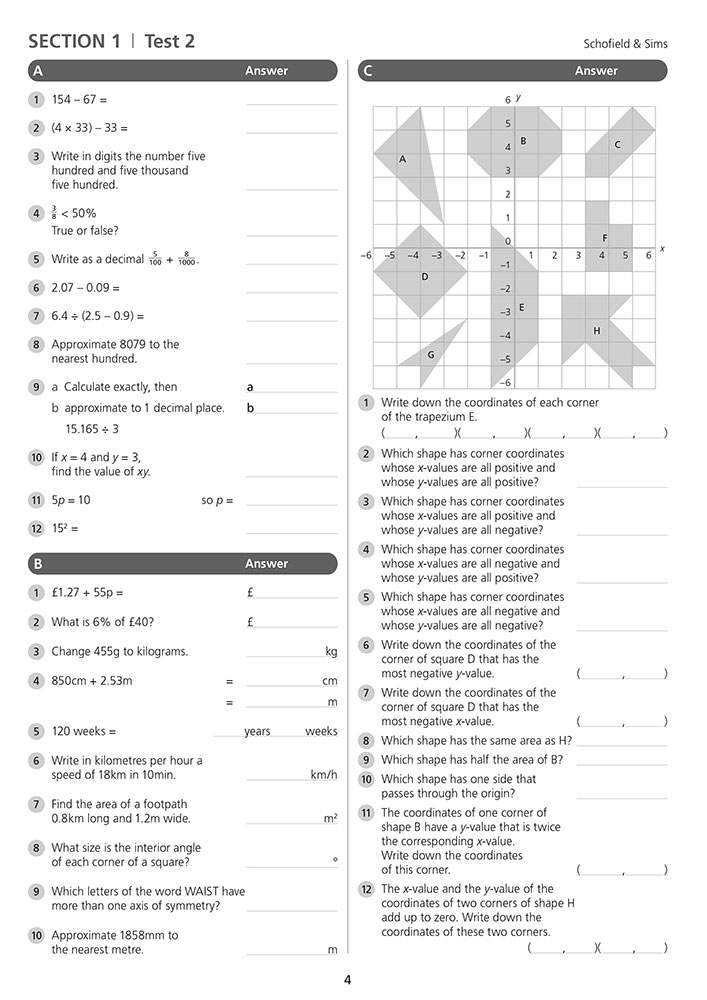A mixed maths test covering calculations, conversions, and coordinate geometry with a grid of shapes to label