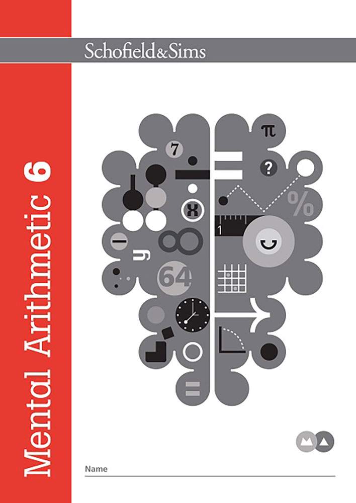 The front cover of Mental Arithmetic Book 6 features a brain graphic filled with maths symbols and a space for the child's