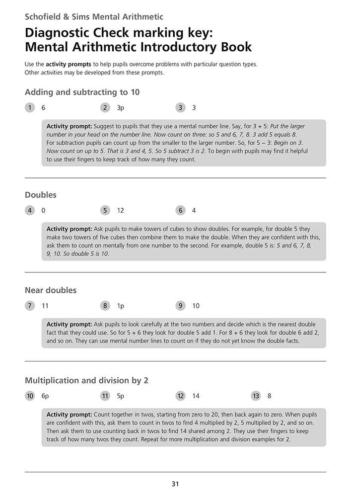 A teacher's guide page explaining how to use mental number lines and counting strategies for addition and subtraction