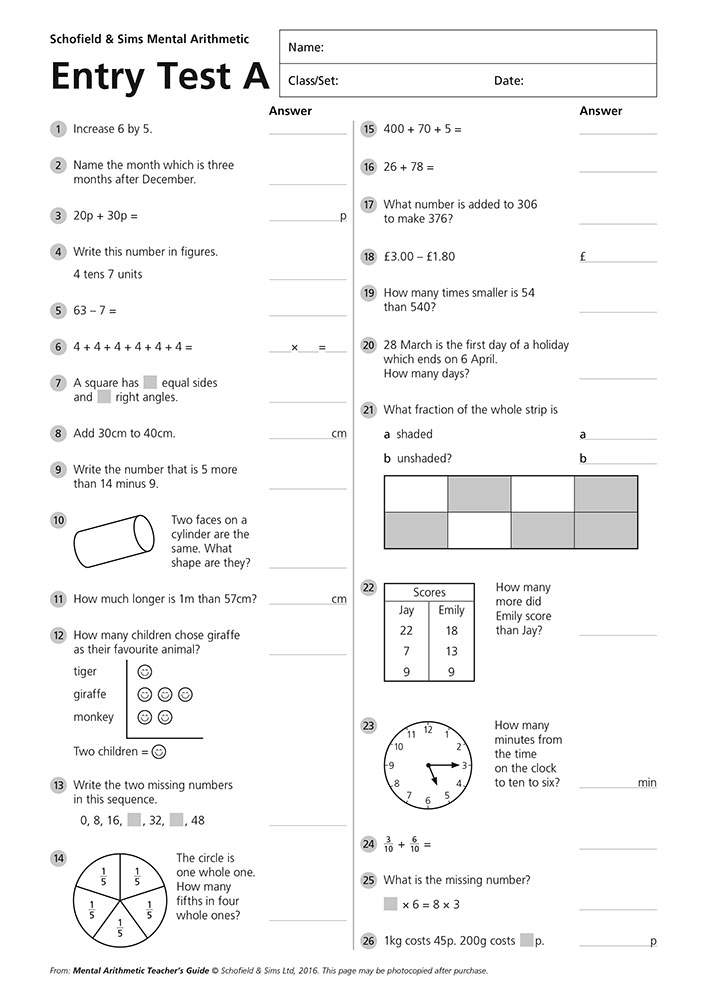 A 26-question entry test covering addition, subtraction, fractions, and data handling for Years 3 to 6