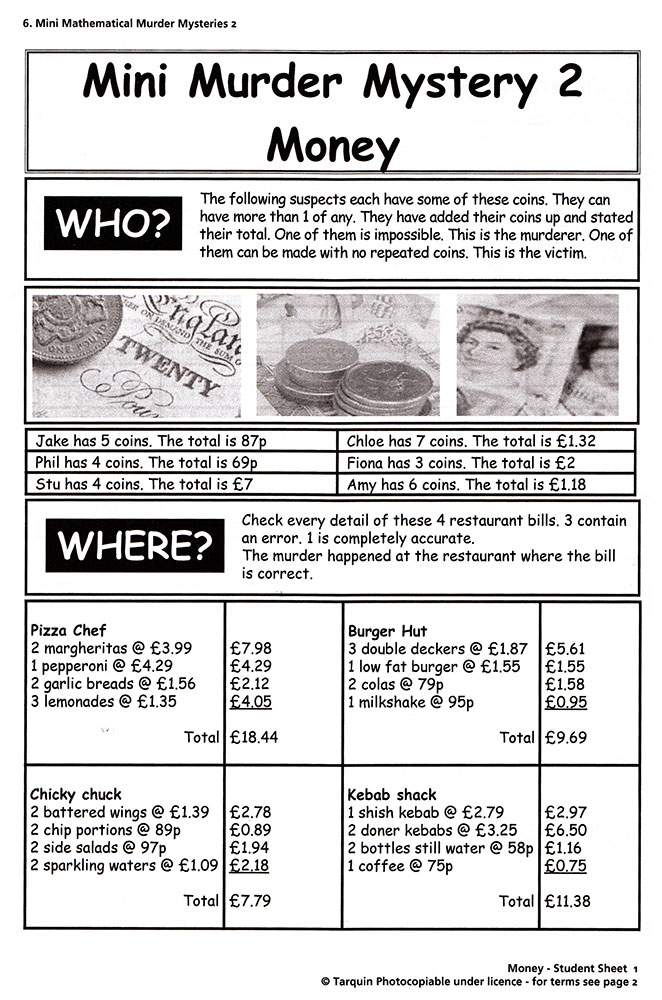 Students check coin totals and restaurant bills to find the murderer and the victim in this money-themed mystery
