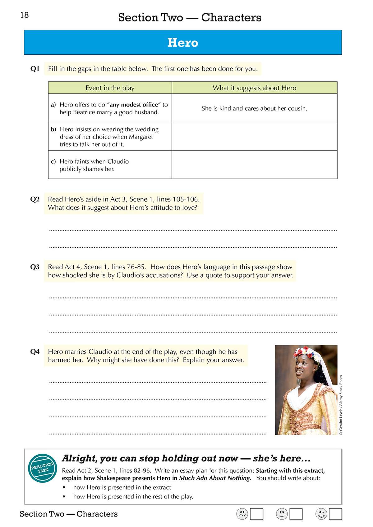 Students analyse Hero's character through a table, answer comprehension questions, and plan an essay on her presentation