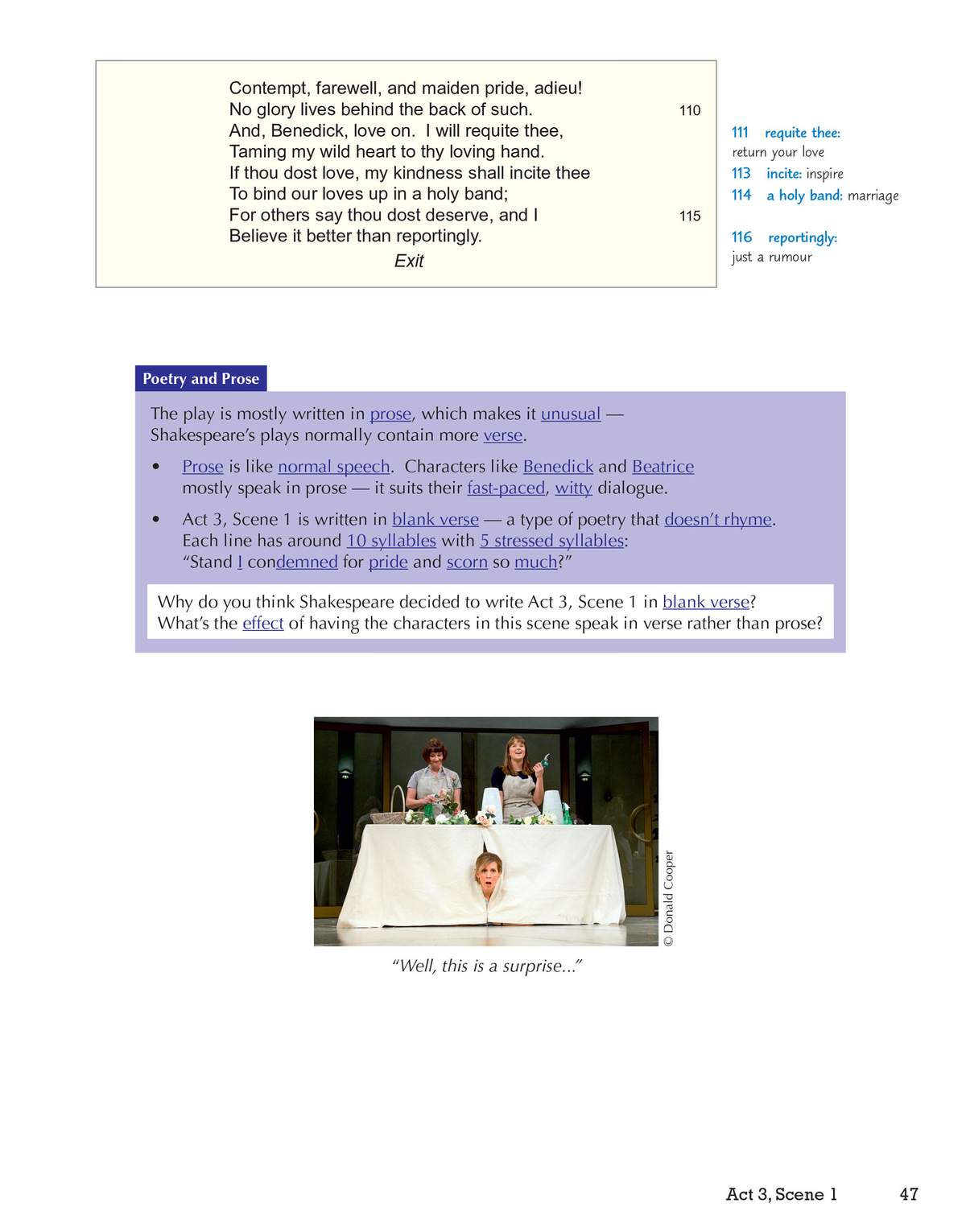 A purple box explains the difference between prose and blank verse in Much Ado About Nothing