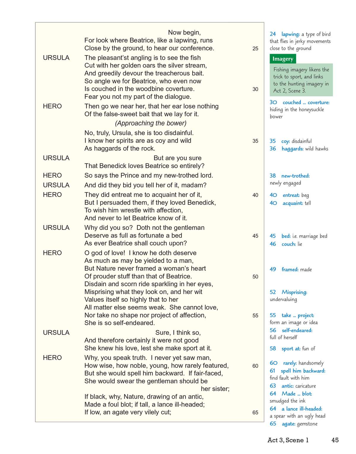 A page of Shakespeare's text from Act 3, Scene 1, with a vocabulary list on the right