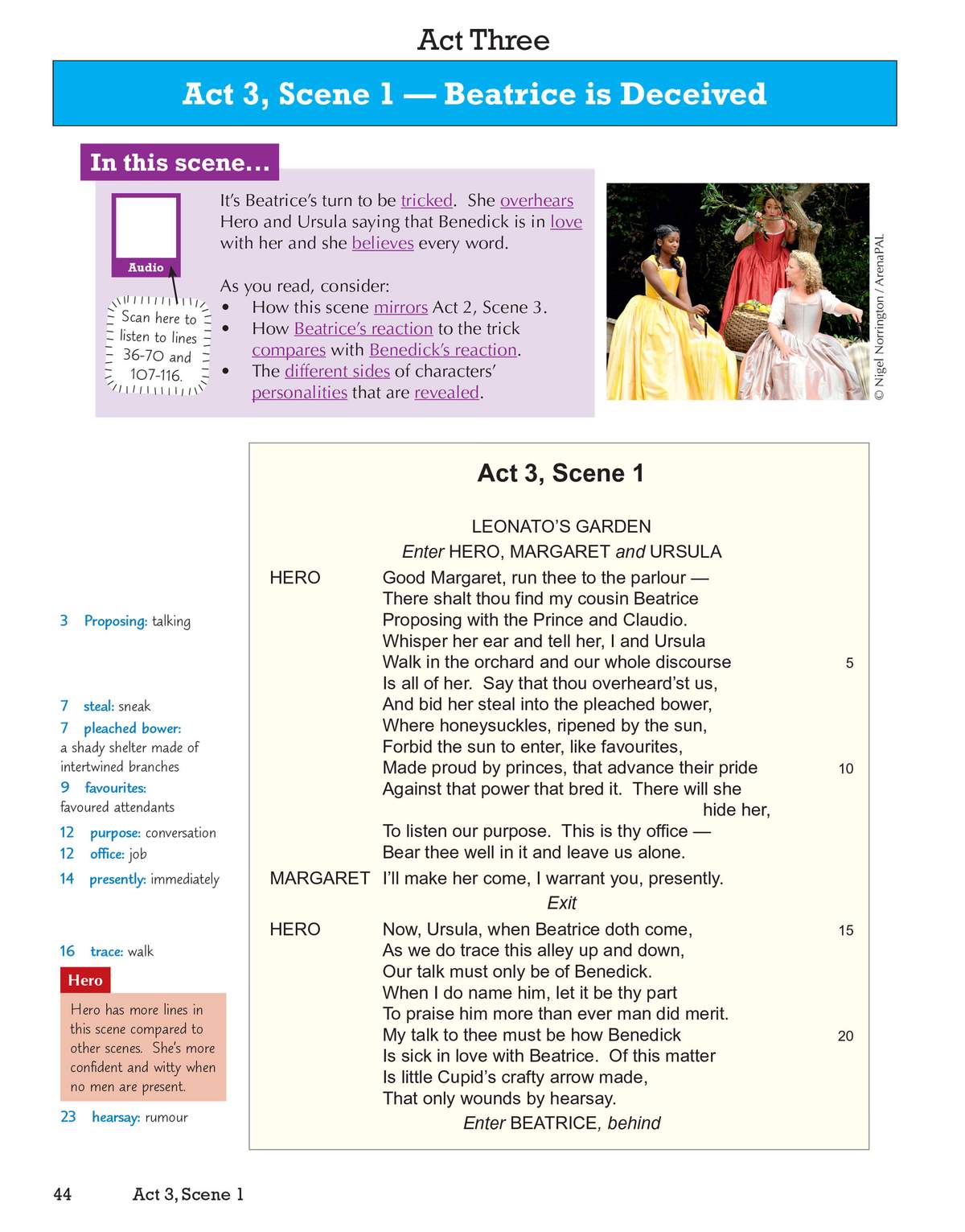 A page explaining Act 3, Scene 1 of Much Ado About Nothing, featuring a scene summary, a photograph of the characters