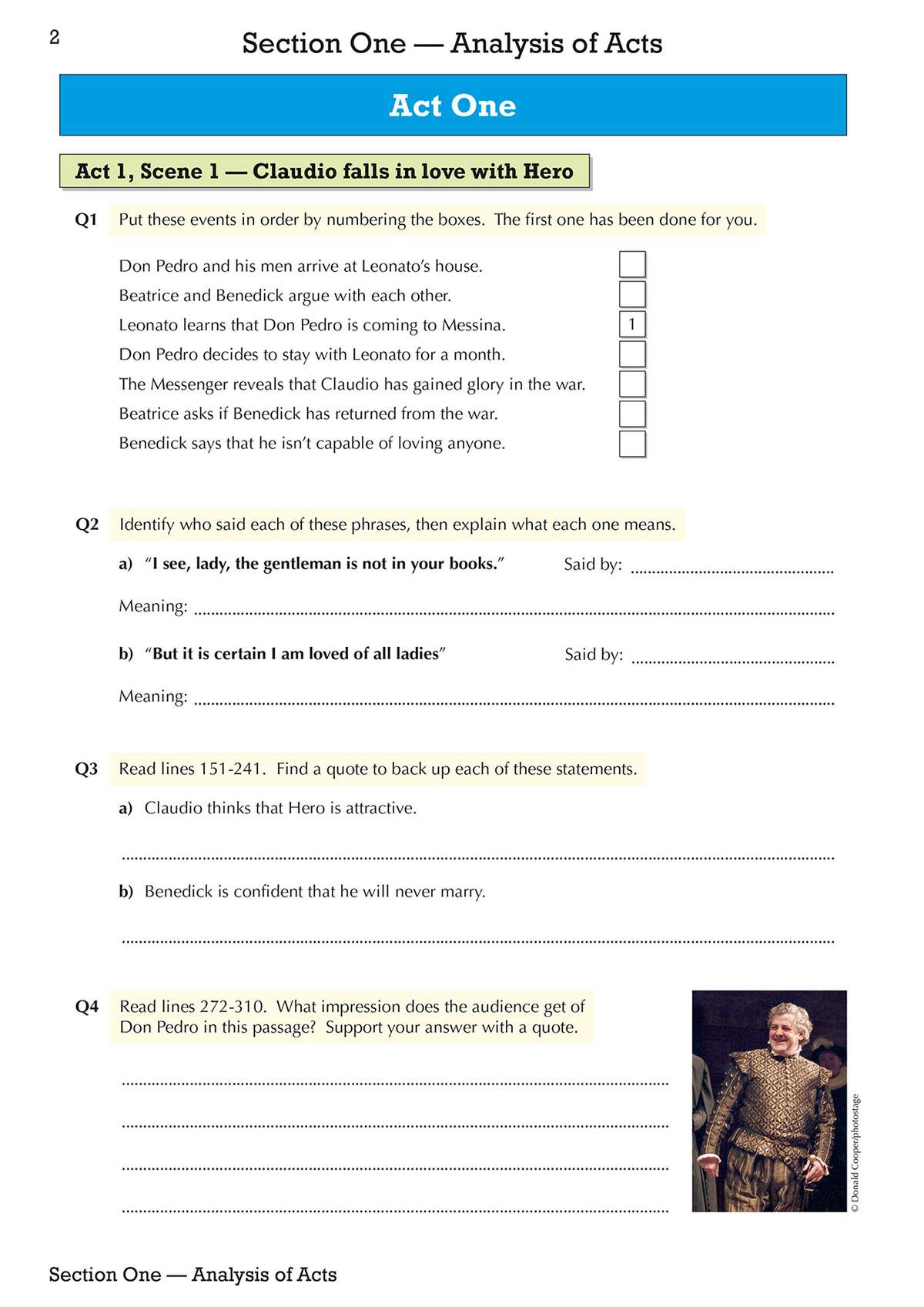Students order events from Act One Scene One, identify speakers and meanings