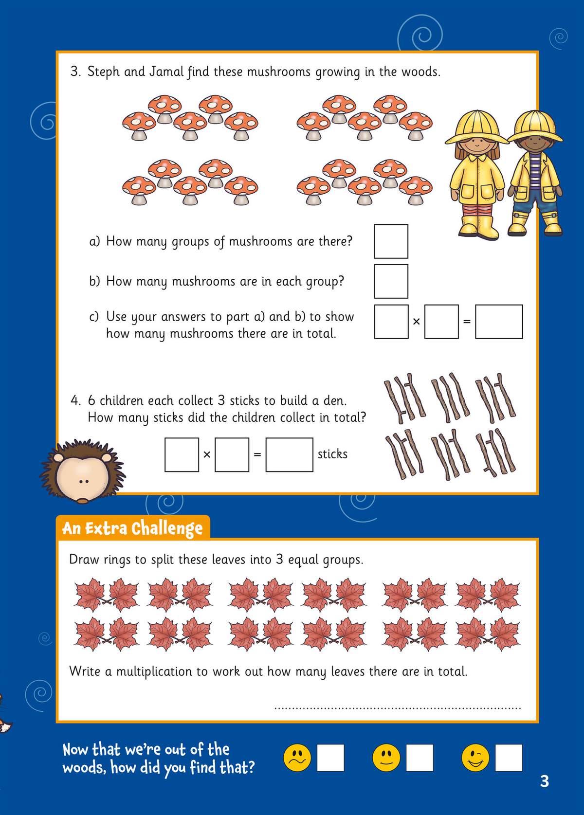 Children count mushrooms and sticks to practise multiplication, then draw rings to split leaves into equal groups