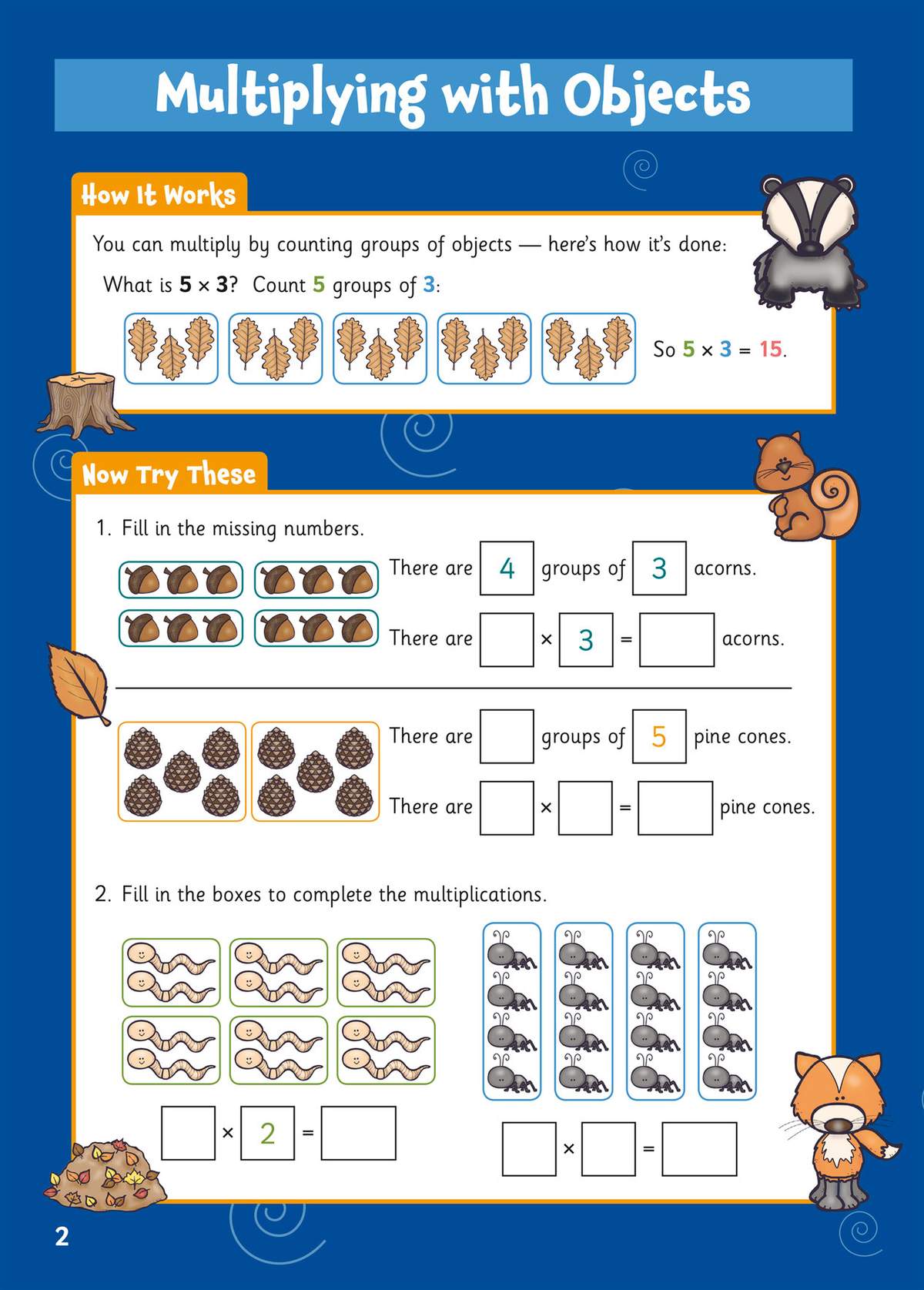Children count groups of acorns and pine cones to complete multiplication sums
