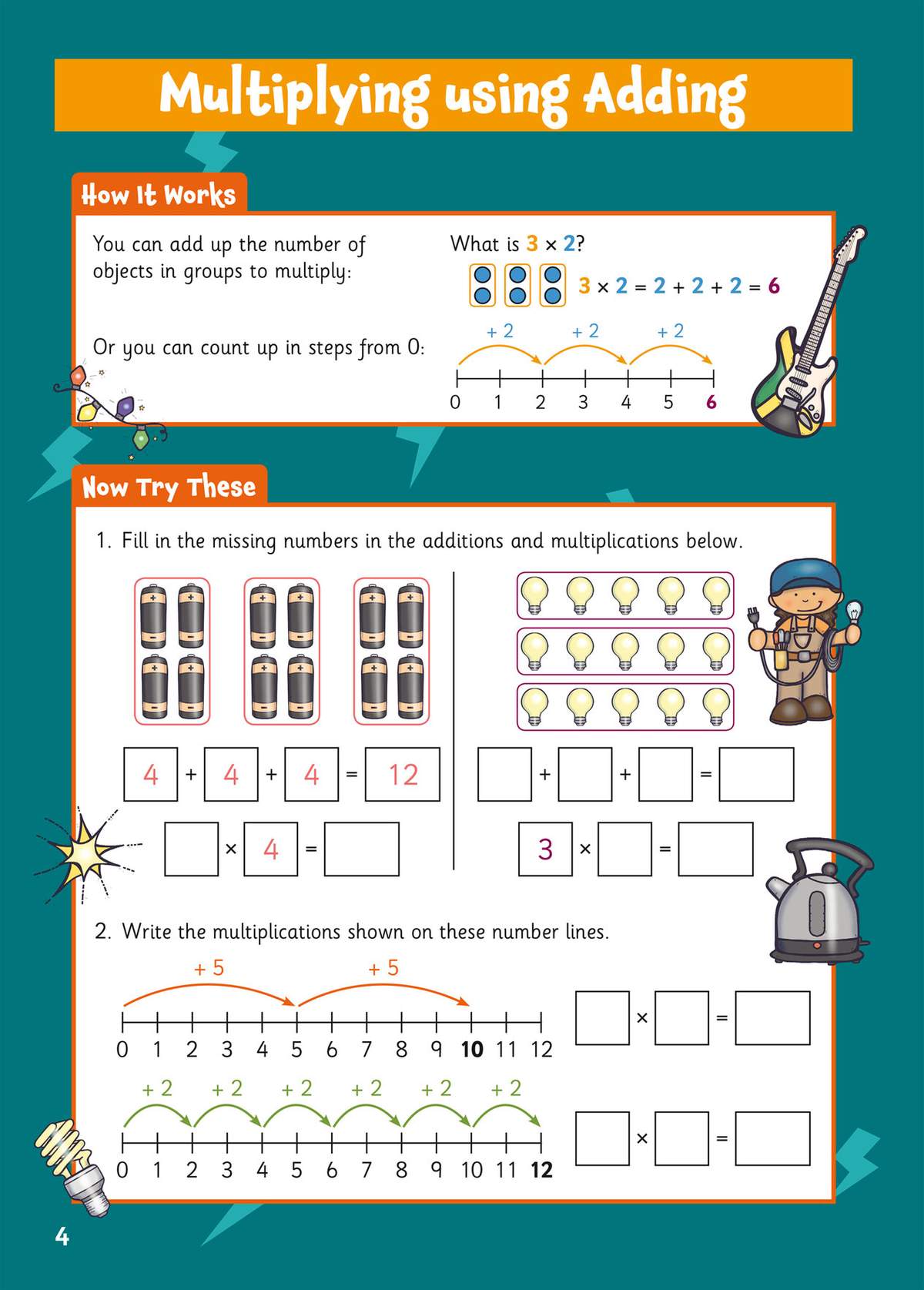 Children fill in missing numbers in addition and multiplication sums, then write equations based on number lines