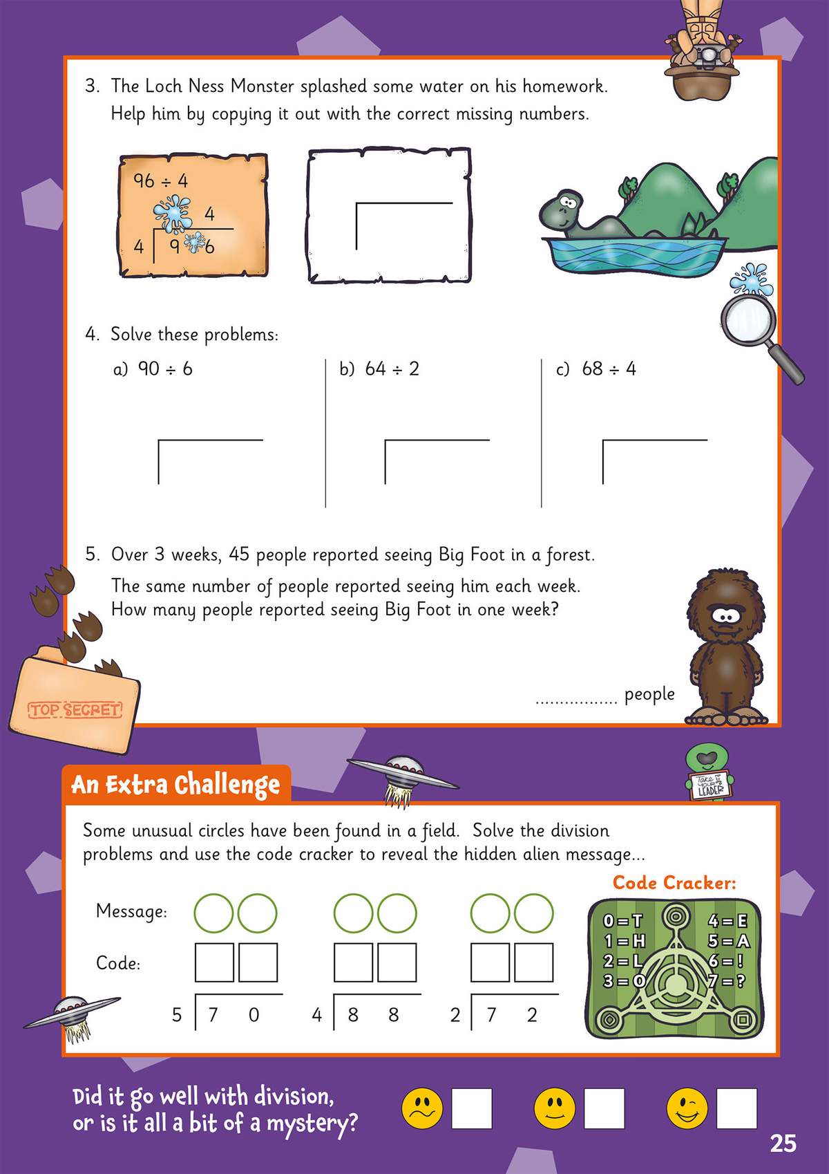 Children solve division problems to copy out missing numbers, calculate weekly sightings
