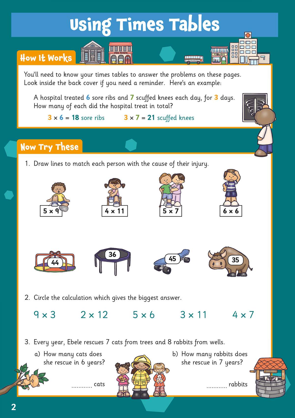 Children match people to injuries using multiplication, circle the biggest calculation