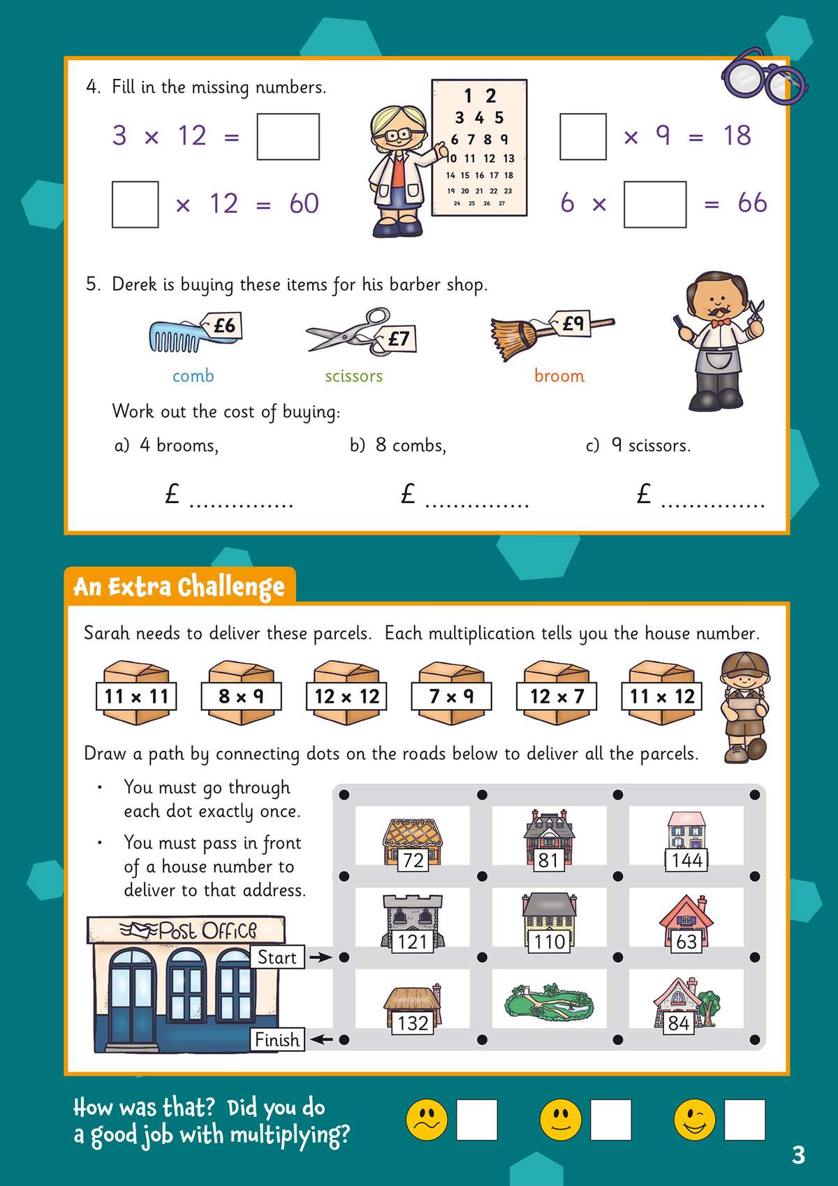 Children fill in missing numbers, calculate costs for barber items, and draw a path through houses using multiplication