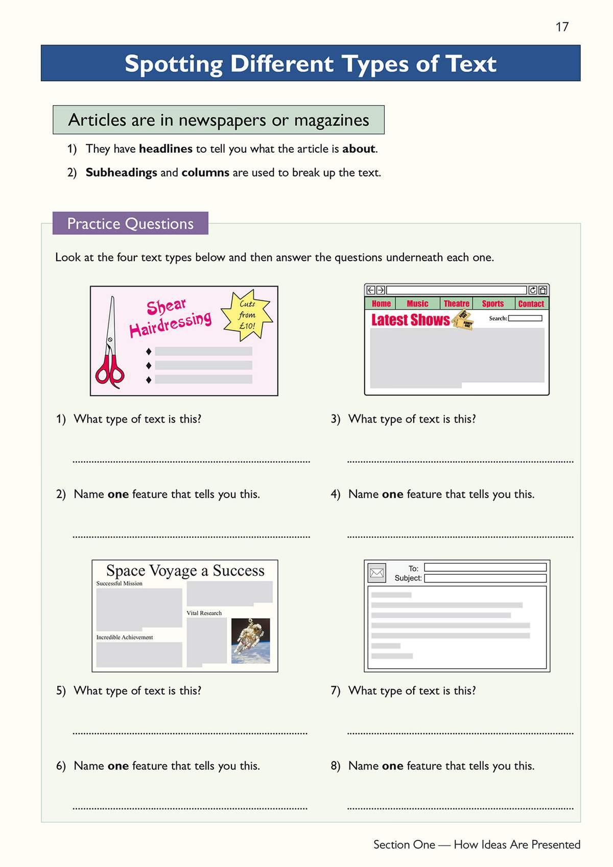 Students identify four text types and name one feature of each to distinguish between articles, websites and emails