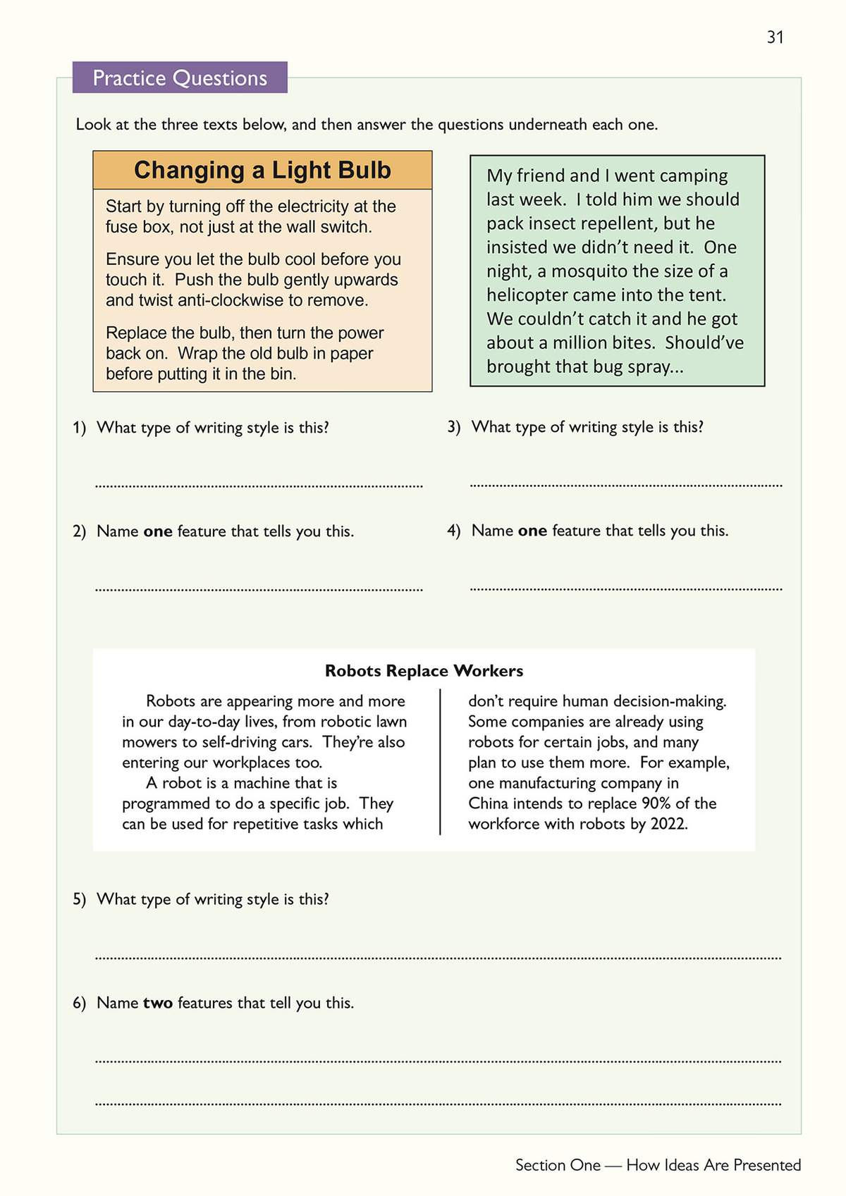 Six questions ask students to identify writing styles and features in three short texts about light bulbs, camping
