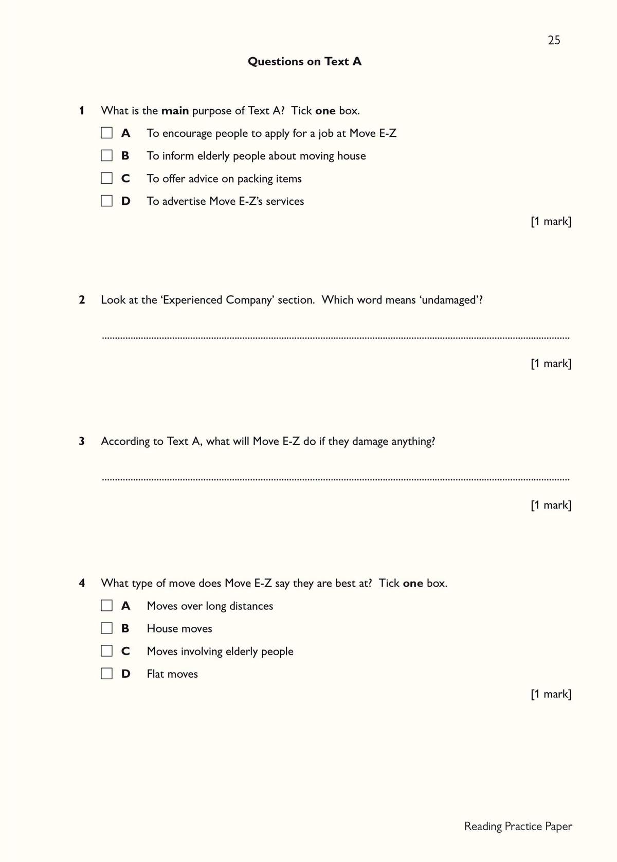 Four questions on a text about a moving company, including multiple choice and short answer tasks