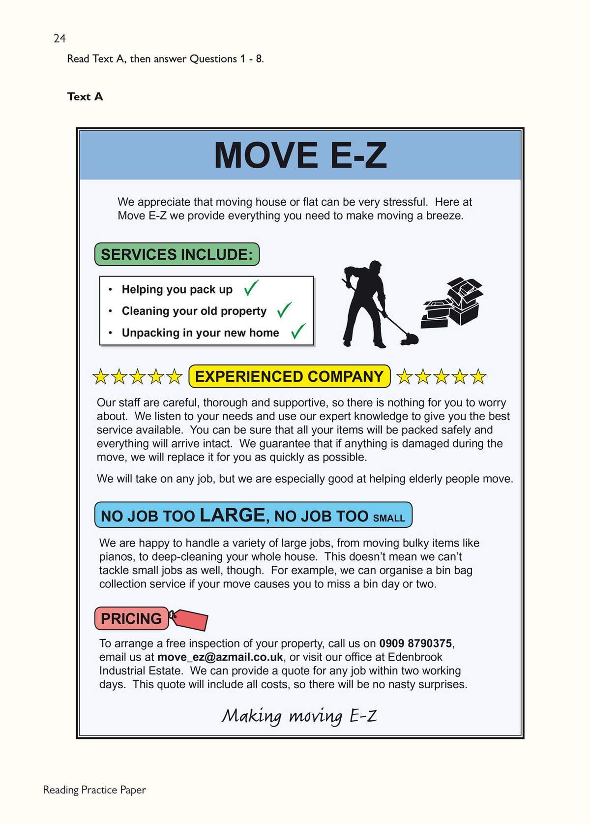 A reading passage about a moving company, featuring a list of services and contact details for practice