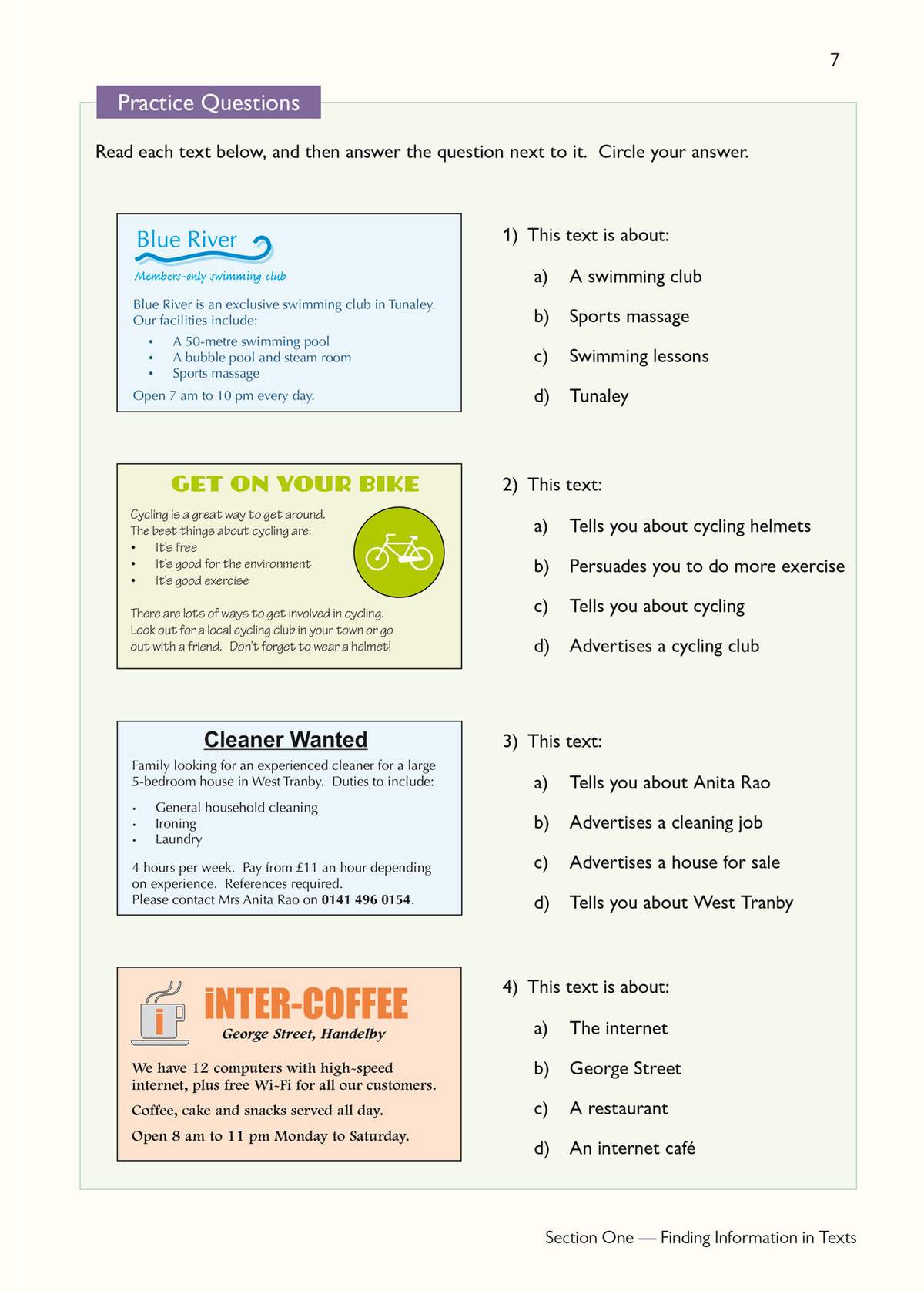 Four short texts with multiple-choice questions to help children identify the main idea and purpose of different types